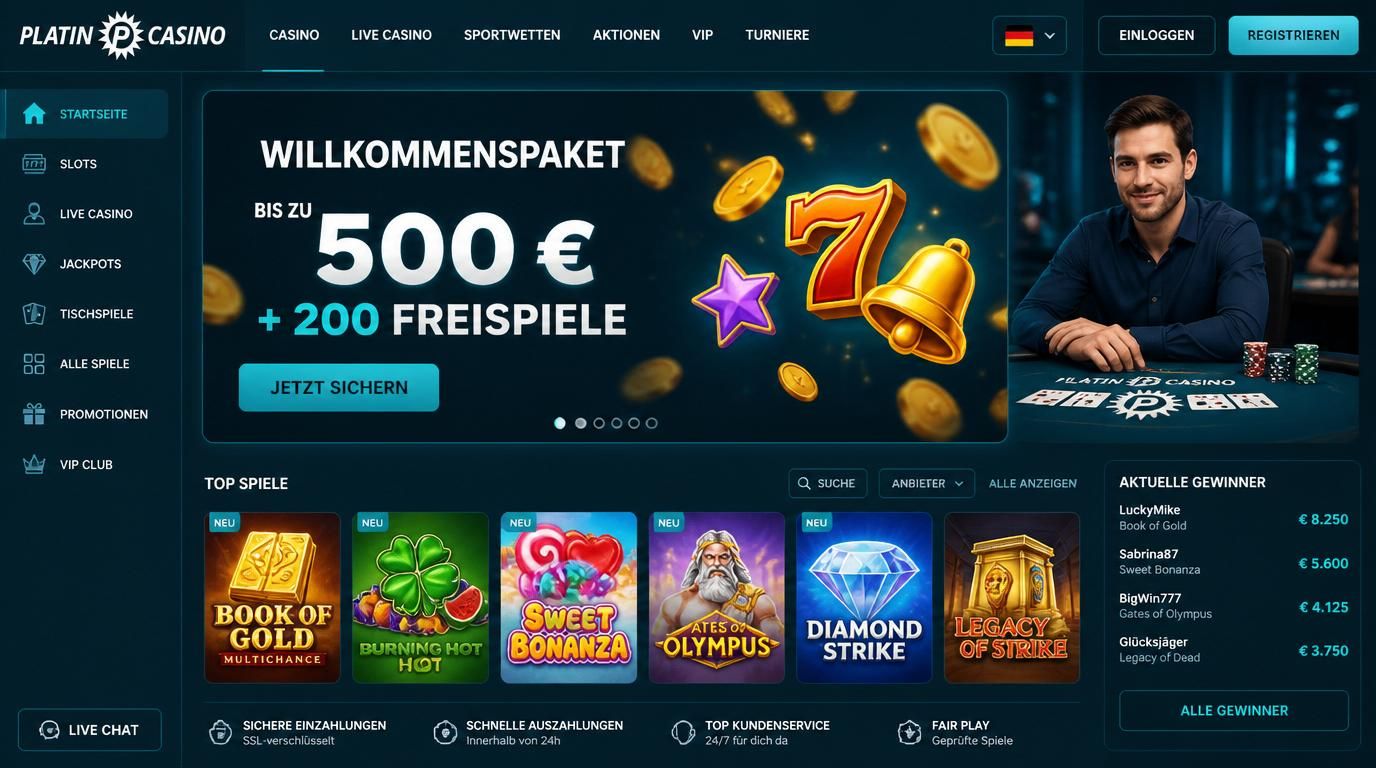 Bild zeigt das Willkommenspaket mit Bonusgeld und Freispielen bei Platincasino.