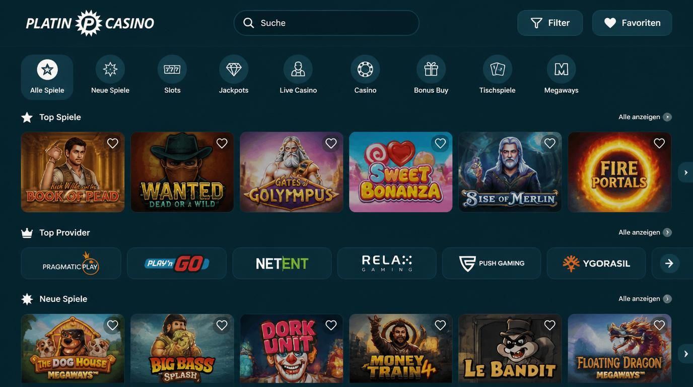 Bildschirm zeigt Suchleiste, Kategorien/Filter unten und Slot-Icons.