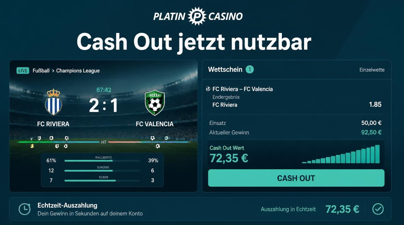 Ein Wettschein mit hervorgehobenem „Cash Out“-Button über Live-Spiel im Hintergrund.