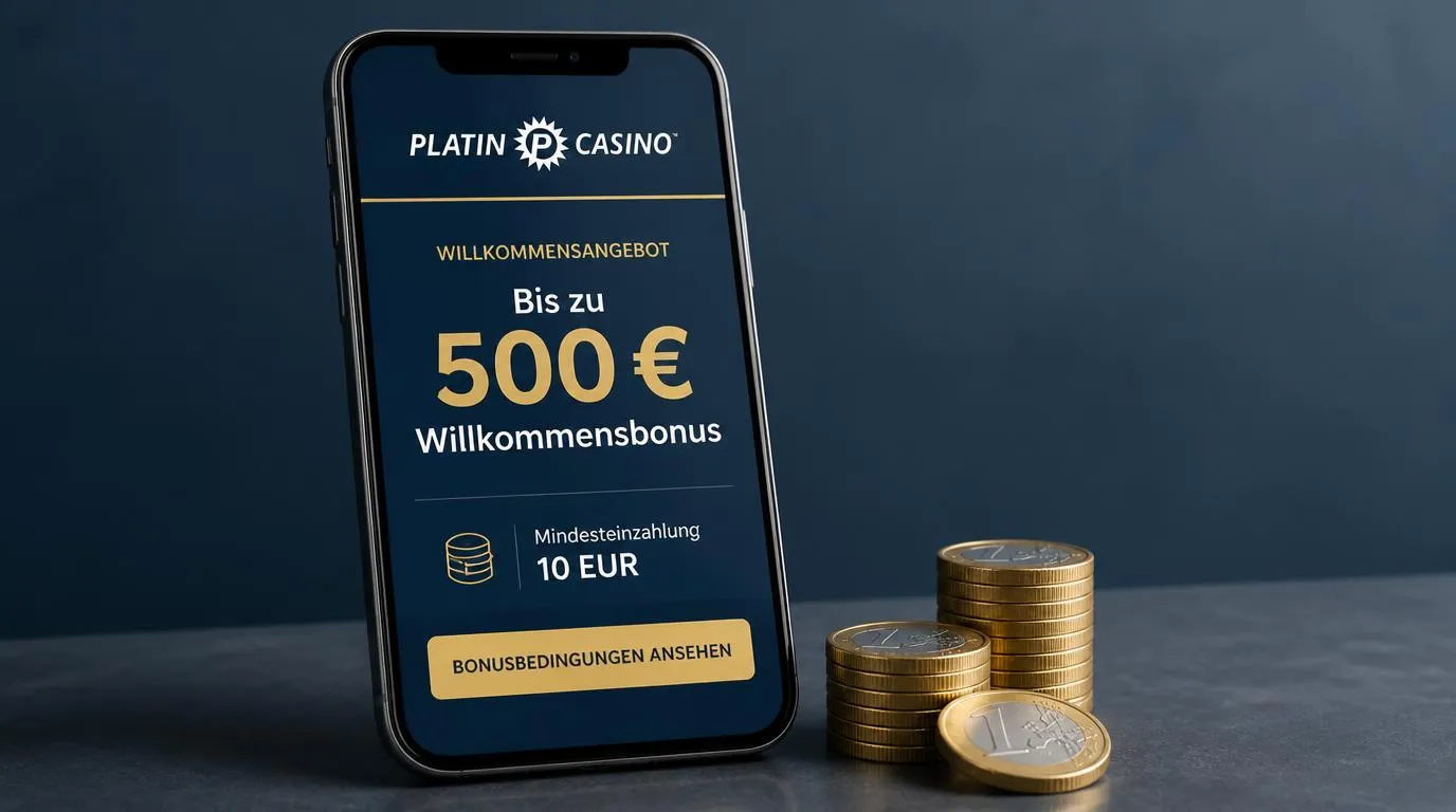 Illustration eines Bonusangebots mit bis zu 500 € und einer Mindesteinzahlung von 10 EUR auf einem Smartphone