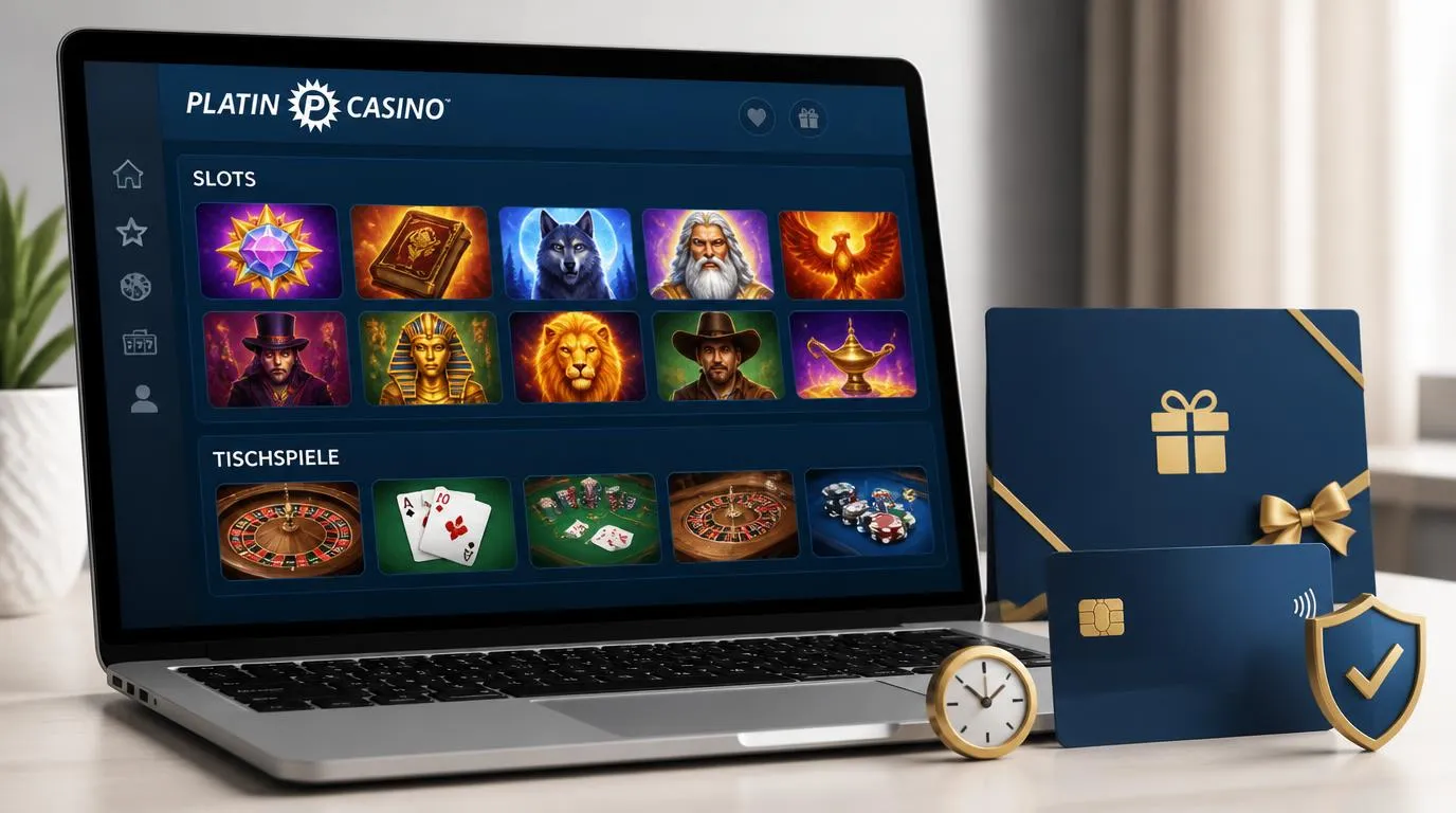 Neutrale Casino-Ansicht mit Slots, Tischspielen, Willkommensbonus und Symbolen für schnelle, sichere Zahlungen