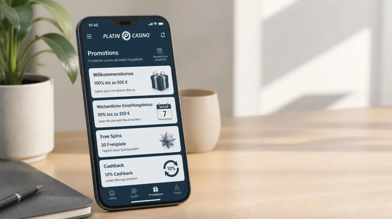 Smartphone mit Casino-Aktionsübersicht für Willkommensbonus, Wochenprämie und Freispiele