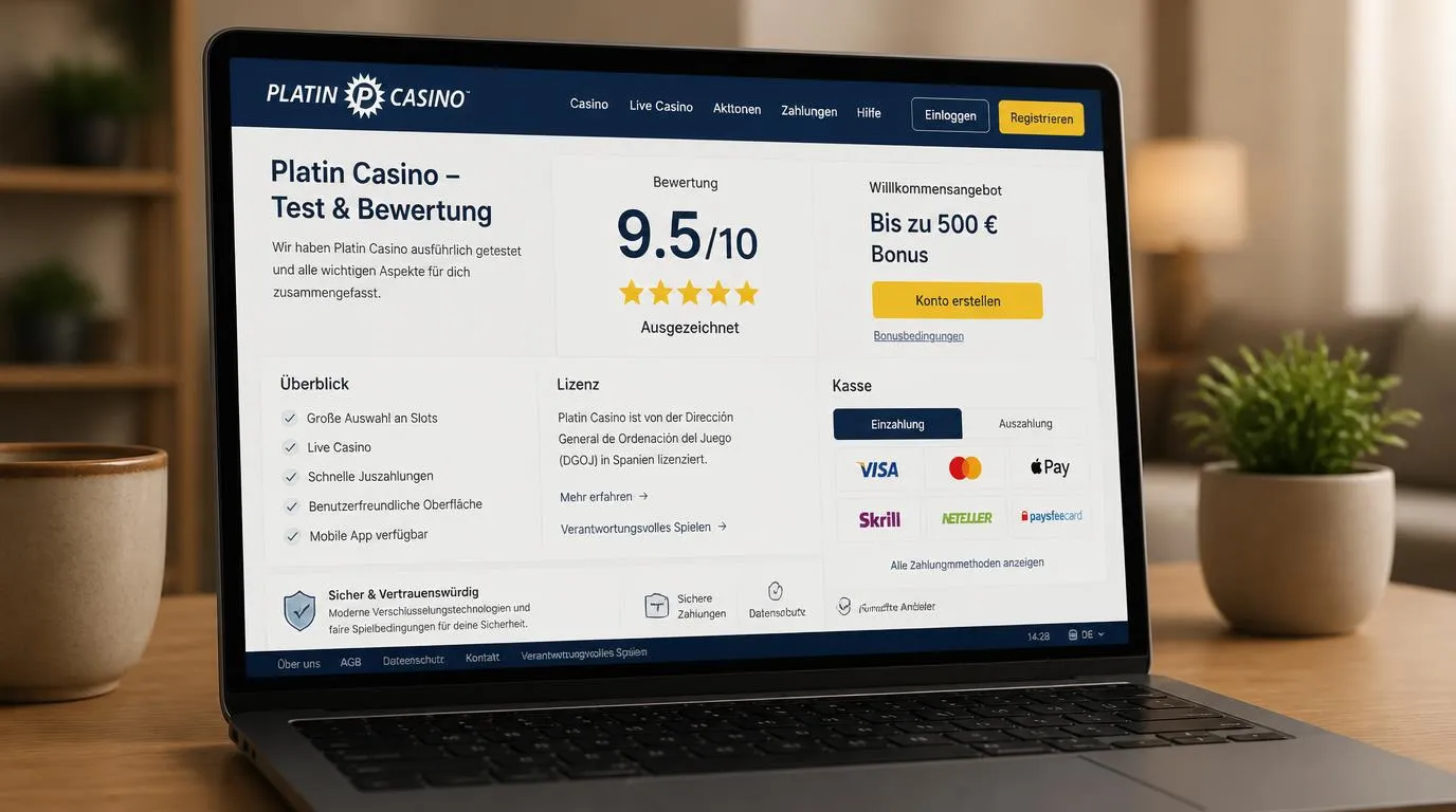 Casino-Oberfläche mit Bewertung, Hinweis auf die spanische DGOJ und gut sichtbarem Kassenbereich
