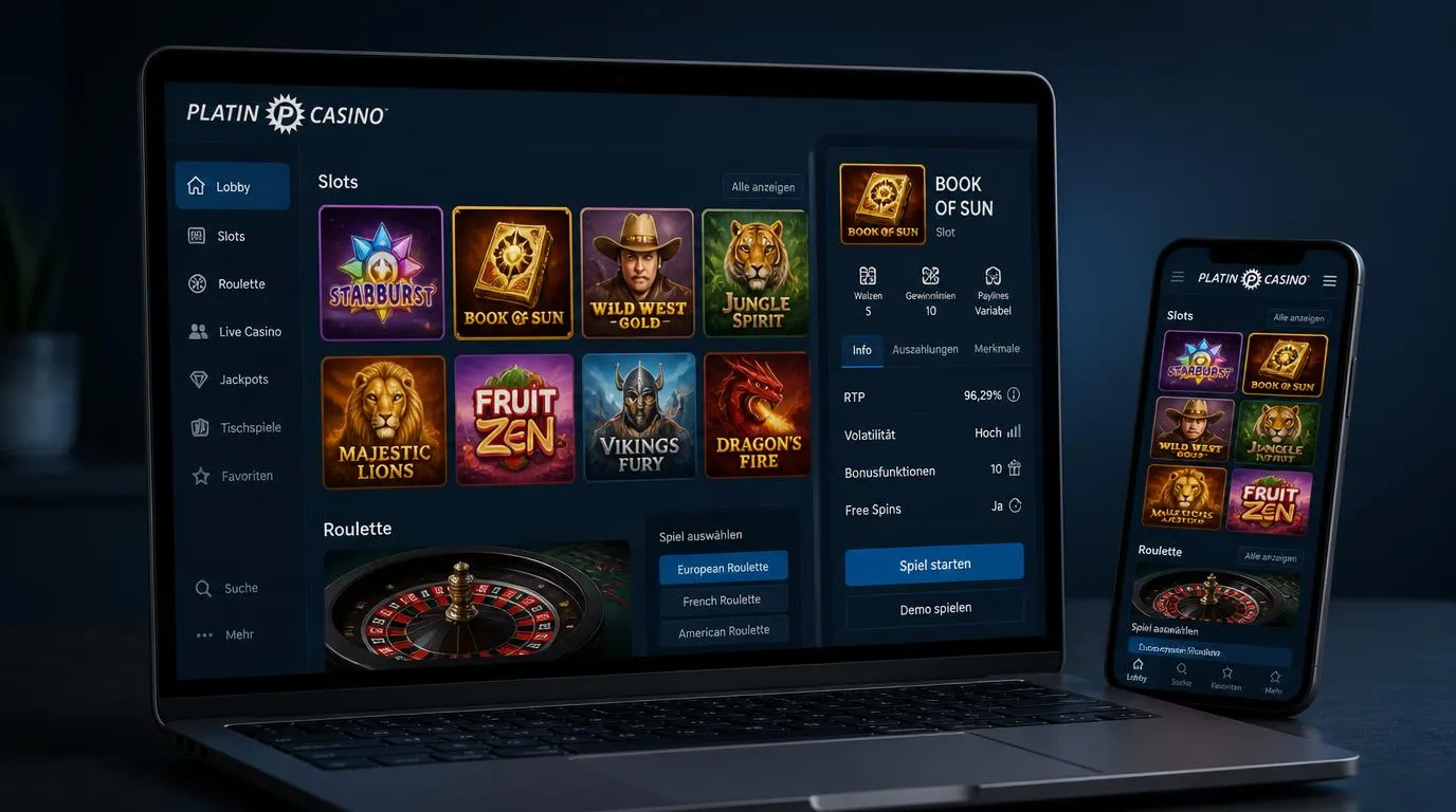 Casino-Lobby mit Slot-Kacheln, einem digitalen Roulettetisch und gut lesbaren Spielinformationen