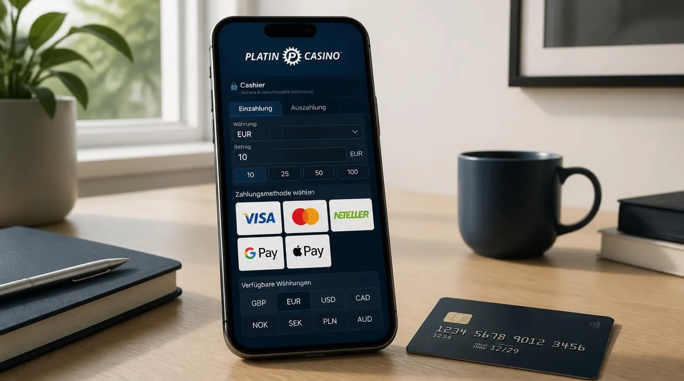 Smartphone mit Casino-Kasse in Euro neben Bankkarte und Übersicht der Zahlungsarten